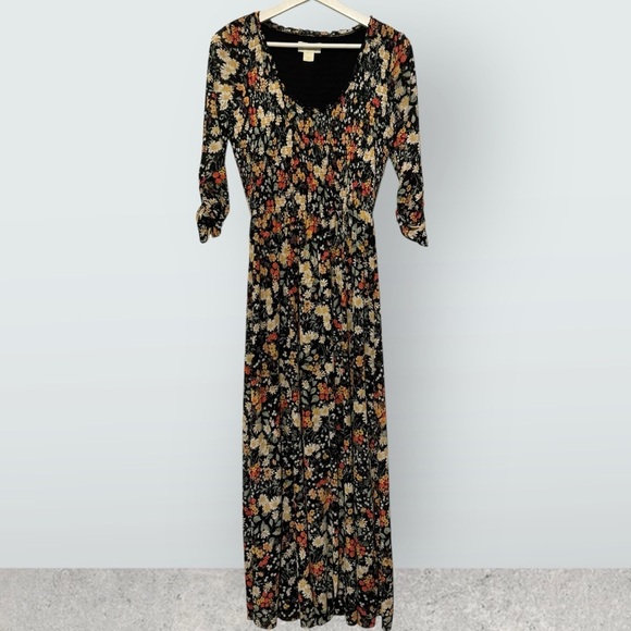Anthropologie Maeve Omya Smocked Maxi Dress in Black & Orange Floral Print XS - Picture 2 of 12